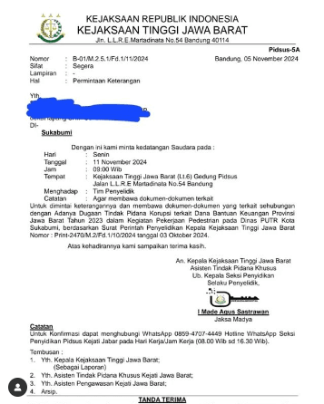 Viral Surat Kejati Jabar Minta Keterangan Soal Dugaan Korupsi Proyek Pedestrian Kota Sukabumi* 1 Screenshot 2024 11 11 203917